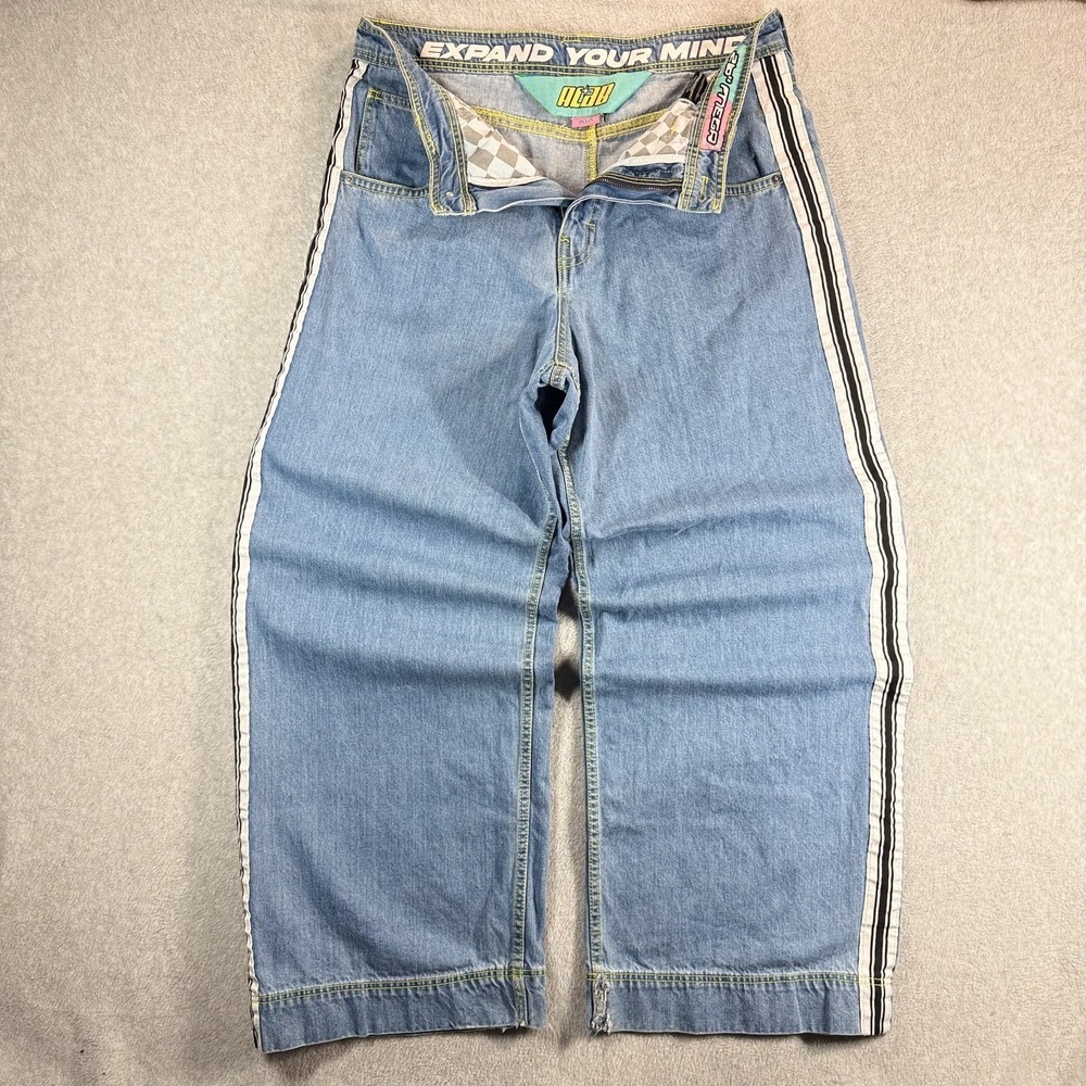 Vintage Y2K ALAB Embroidered Jnco Styled Striped Baggy Wide Leg Jeans Size 36x32